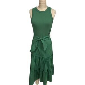 Veronica Beard Dress Womens Austyn Tiered Midi Green Ribbed Belted Sleeveless